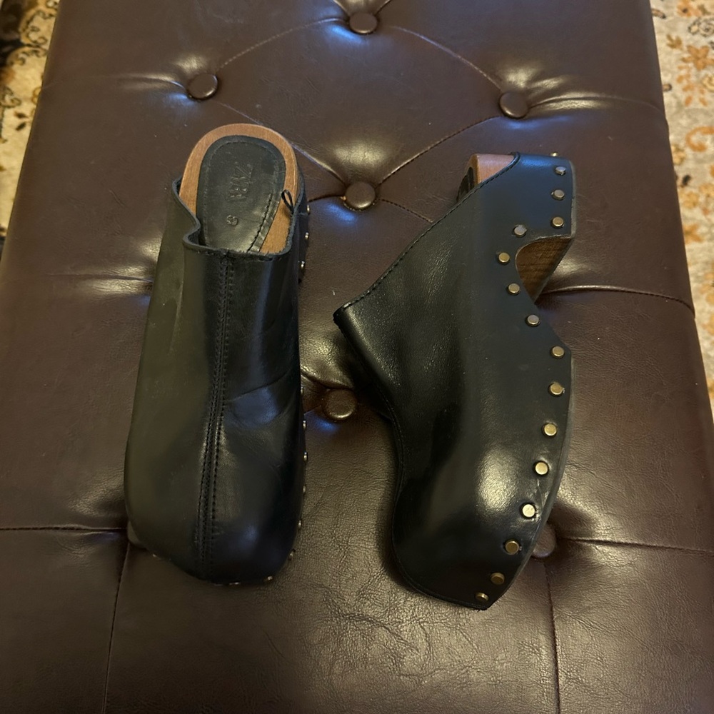 Zara Black Leather Mules with Studded Detail